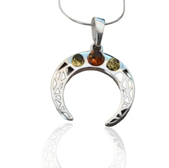 Srebrna zawieszka lunula - talizman z bursztynem