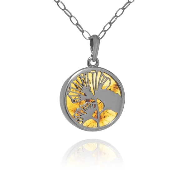 Srebrna zawieszka z bursztynem miłorząb