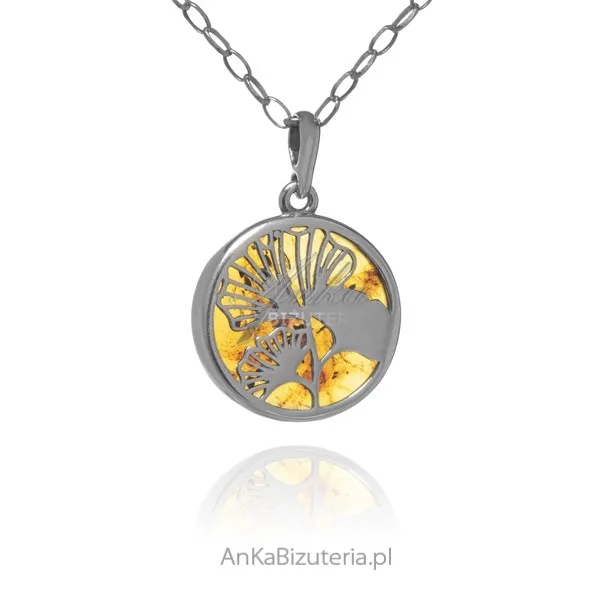 Srebrna zawieszka z bursztynem miłorząb