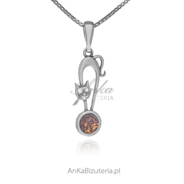 Srebrna zawieszka gatto z bursztynem