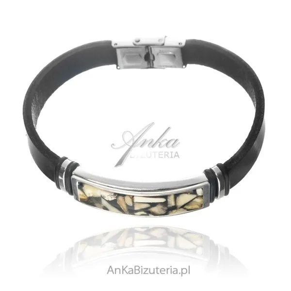 Bransoletka ze skóry mozaika z bursztynem i stali szlachetnej