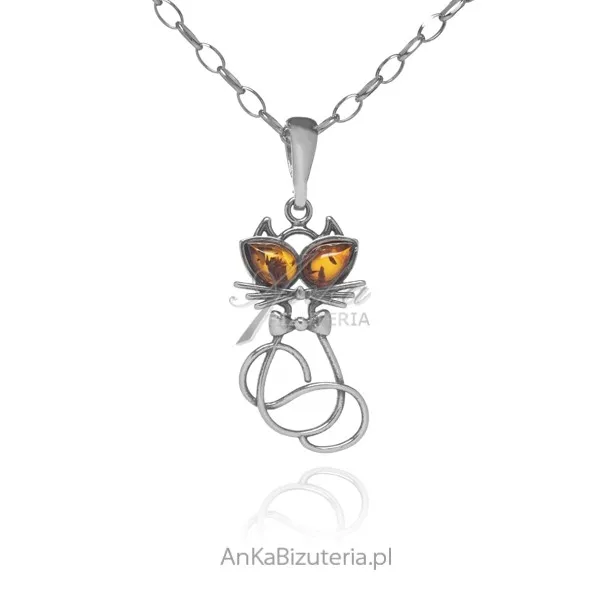 Zawieszka srebrna duży kot z bursztynem