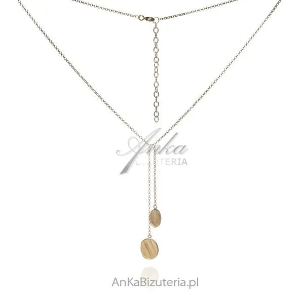 Piękny naszyjnik srebrny krawatka pozłacana z owalnymi  kółeczkami satynowanymi