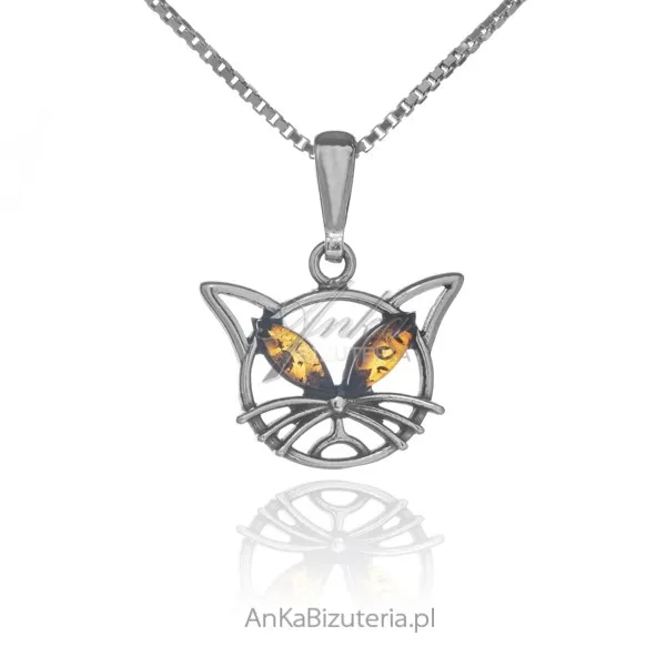 Srebrna zawieszka kotek z koniakowym bursztynem