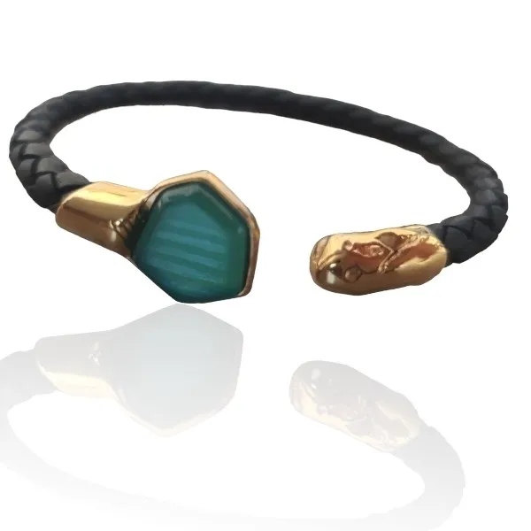 Bransoletka srebrna pozłacana ze skóry  i zielonym agatem