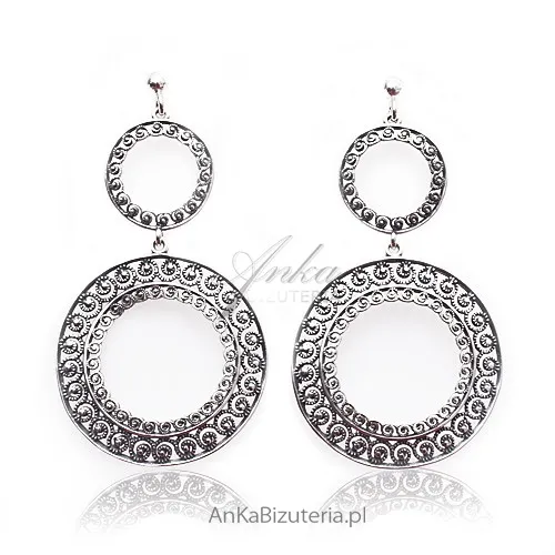 Kolczyki srebrne dwa kółka -  ażurowe delikatne koroneczki - tanio!