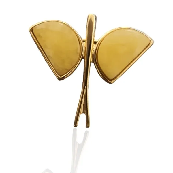 Broszka srebrna pozłacana z żółtym bursztynem motyl