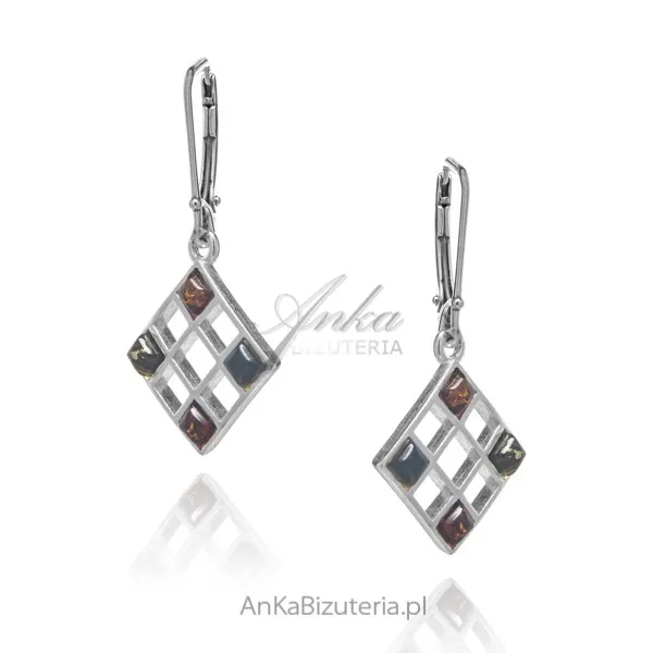 Kolczyki srebrne z kolorowym bursztynem  - kwadraty