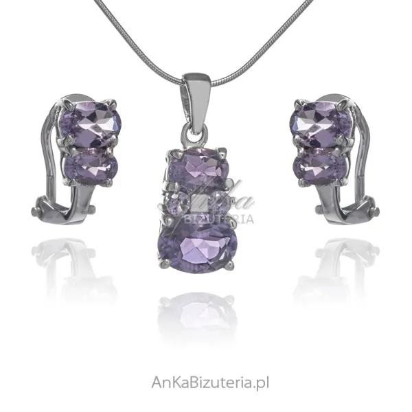 Komplet biżuteri srebrnej z  naturalnym  ametystem