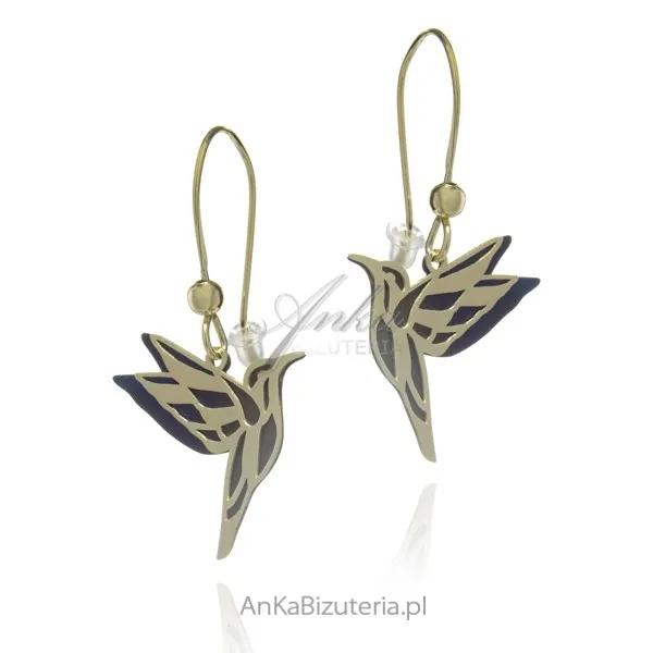 Kolczyki srebrne pozłacane koliberki  z  kolorowym tytanem