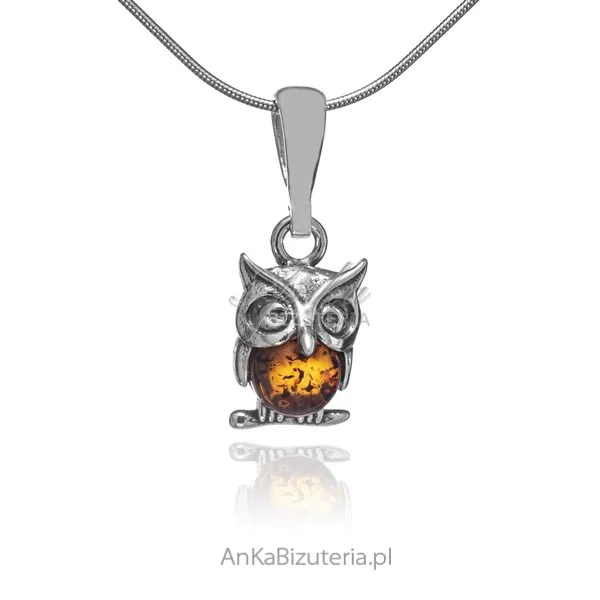 Zawieszka srebrna  mała sówka z bursztynem