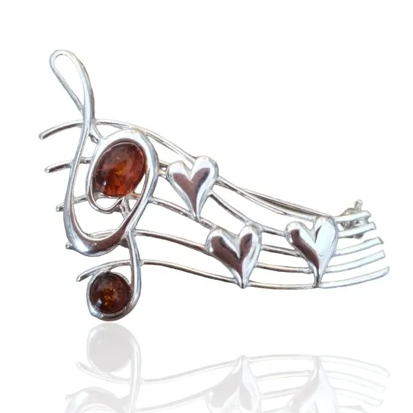 Broszka srebrna z bursztynem "ukochane melodie"