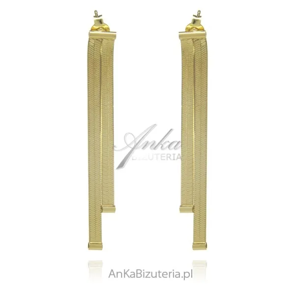 Eleganckie kolczyki srebrne pozłacane wiszące taśmy