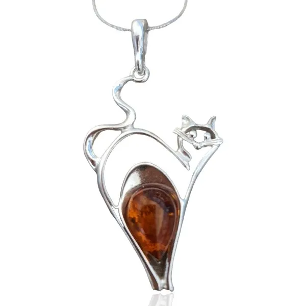 Srebrna zawieszka kot z bursztynem