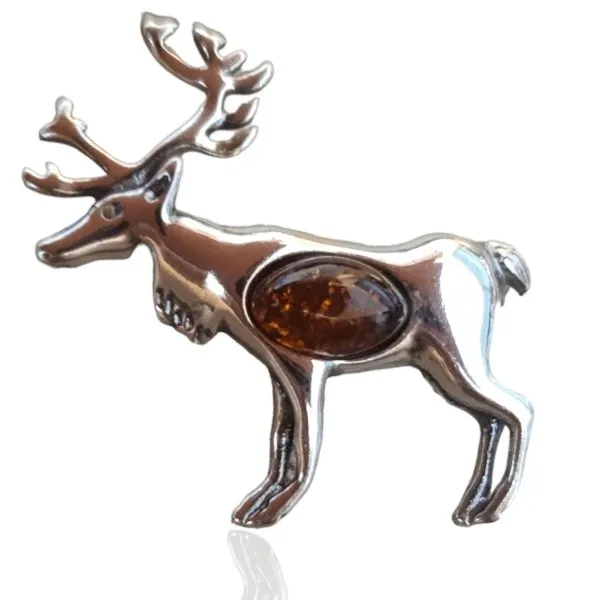 Broszka srebrna renifer z bursztynem