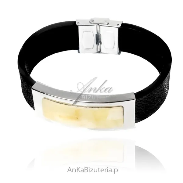 Bransoletka z żółtym bursztynem  - skóra i stal szlachetna