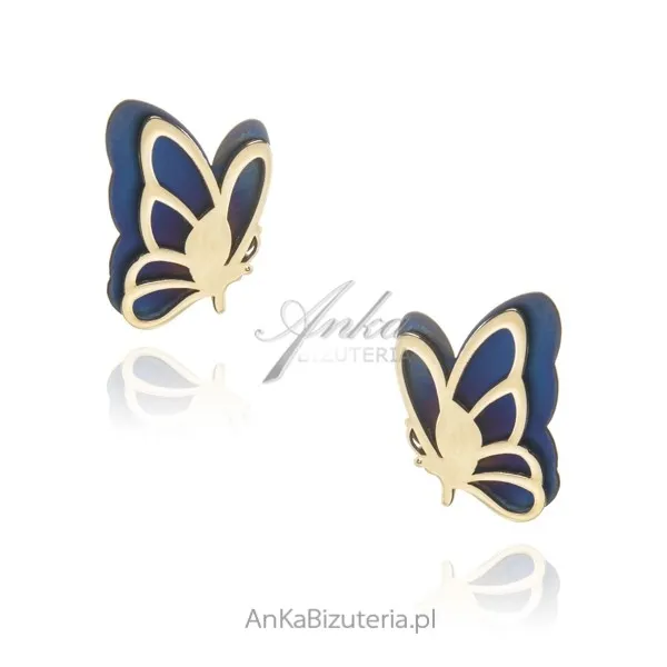 Kolczyki srebrne pozłacane motylki  na kolorowym tytanie