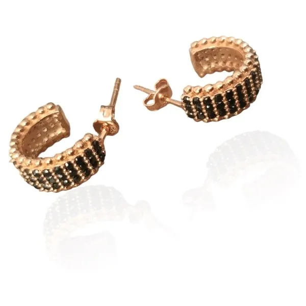 Kolczyki srebrne pozłacane różowym złotem z czarnymi cyrkoniami