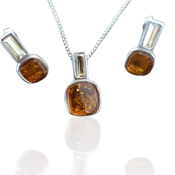 Komplet biżuteria srebrna z bursztynem i kryształem w kolorze mocca
