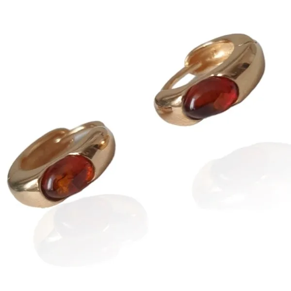 Kolczyki srebrne małe kółka  pozłacane różowym złotem z bursztynem