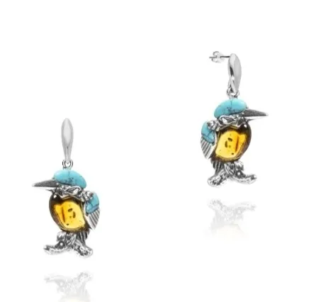 Kolczyki srebrne z turkusem i bursztynem zimorodki - wiszące sztyfty