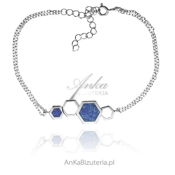 Bransoletka srebrna z niebieskim opalem plastry miodu