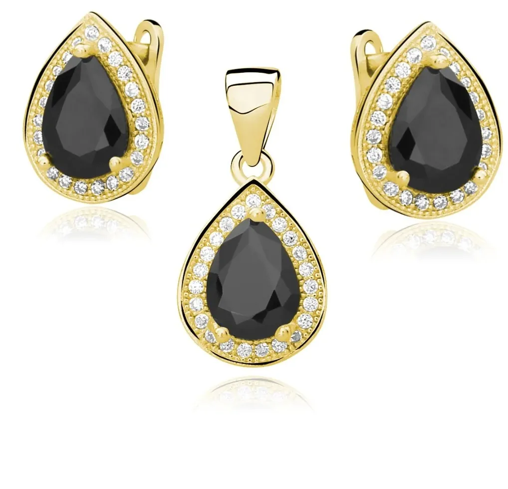 Komplet biżuteria srebrna  pozłącana z czarną cyrkonią