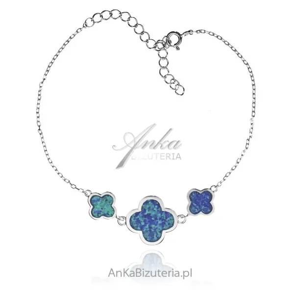 Bransoletka srebrna z niebieskim opalem koniczynka