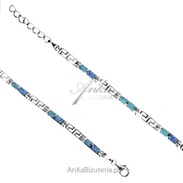 Bransoletka srebrna z niebieskim opalem i greckim wzorem