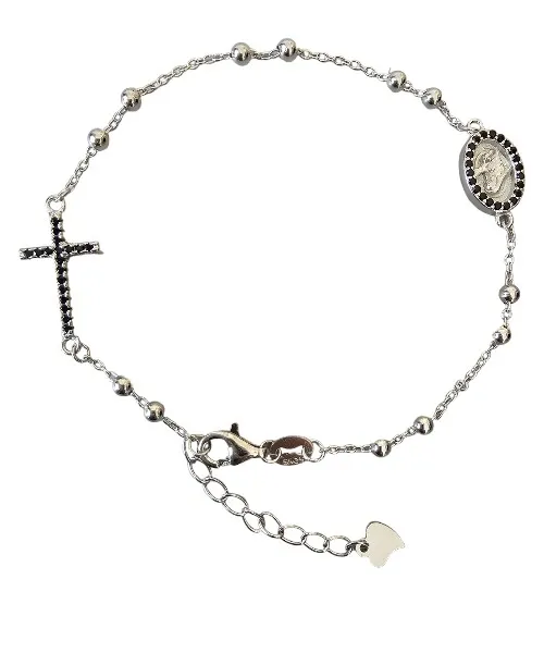 Bransoletka srebrna rodowana różaniec z krzyżykiem i św. ritą - czarne mikrocyrkonie