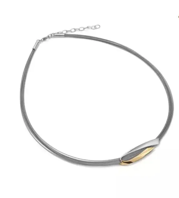 Naszyjnik srebrny kolia na stalowych linkach z przywieszką srebrną pozłacaną