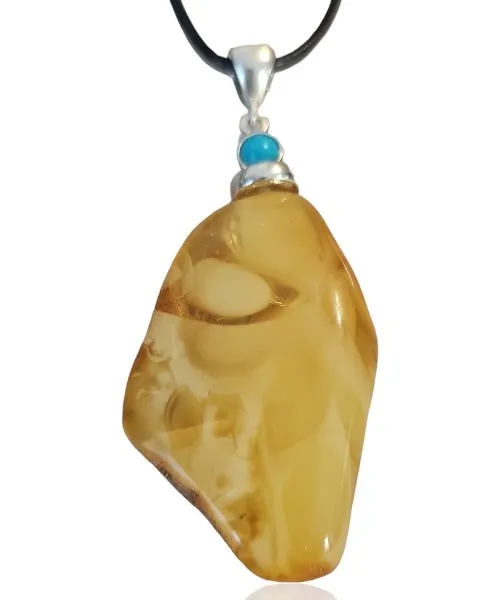 Srebrna zawieszka z naturalnym żółtym bursztynem i turkusem  unikat