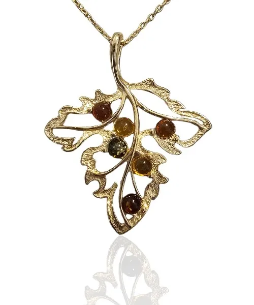 Srebrna zawieszka pozłacana z bursztynem listek