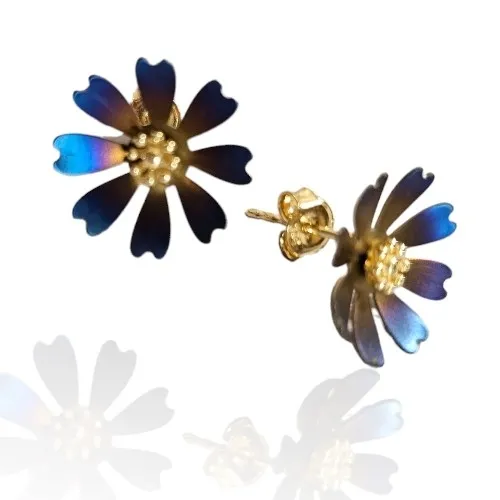Kolczyki srebrne pozłacane kwiatki  z tytanem