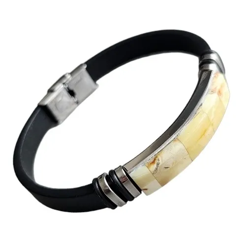 Bransoletka ze stali szlachetnej  i skóry oraz żółtego bursztynu unisex