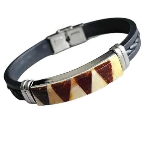 Bransoletka ze stali szlachetnej i skóry oraz koniakowo - żółtego bursztynu unisex