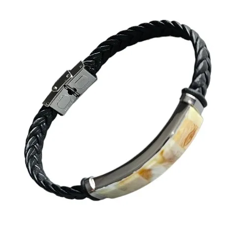 Bransoletka ze stali szlachetnej i bursztynu na plecionej bransoletce ze skóry unisex