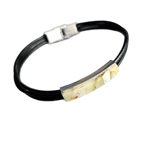 Bransoletka z bursztynem biało-zielonym na skórzanych rzemykach ze stali szlachetnej