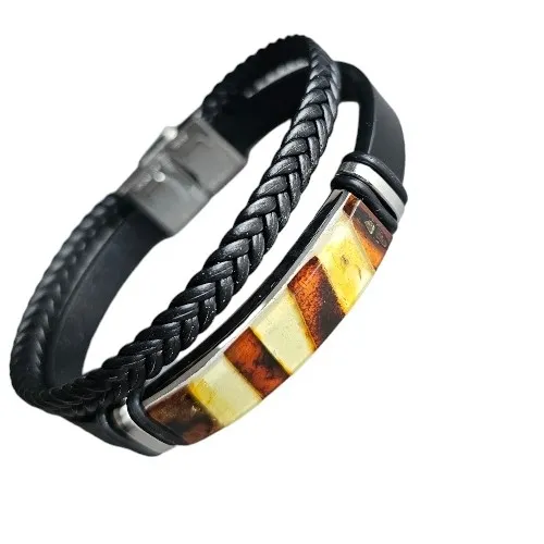 Bransoleta podwójna pleciona ze skóry i żółto-koniakowego bursztynu zebra  unisex