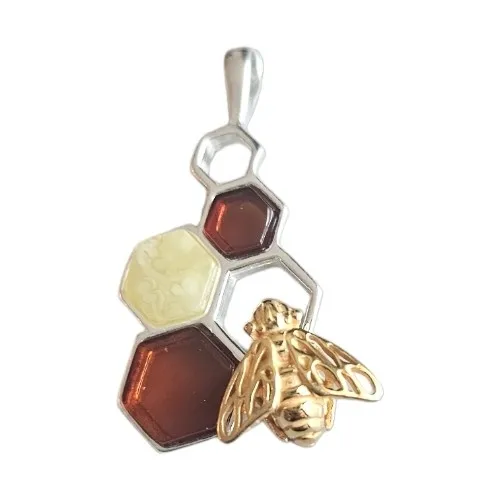 Zawieszka srebrna plaster miodu  z bursztynem  i pozłacaną pszczółką