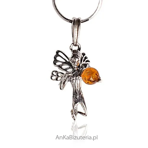 Filigranowa wróżka - wisiorek srebrny oksydowany z bursztynem naturalnym