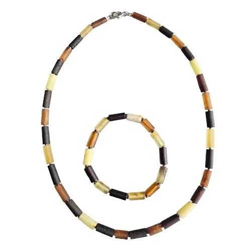 Komplet naszyjnik i bransoletka z bursztynowych matowych rurek - srebro pr. 925