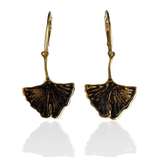 Kolczyki srebrne pozłacane  liście miłorzębu z bursztynem