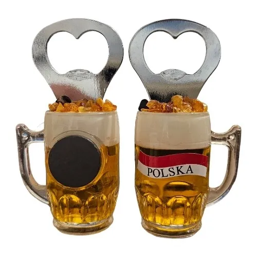 Oryginalny prezent z bursztynem otwieracz z kuflem piwa i bursztyn magnes na lodówkę