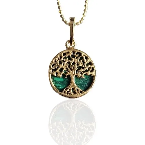 Srebrna zawieszka pozłacana drzewko szcęścia z malachitem mini