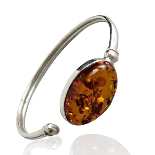 Bransoletka srebrna bangle z koniakowym bursztynem