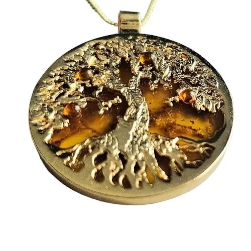 Piękna zawieszka srebrna pozłacana z koniakowym bursztynem drzewko szczęścia