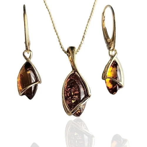 Komplet biżuteria srebrna pozłacana z  koniakowym bursztynem