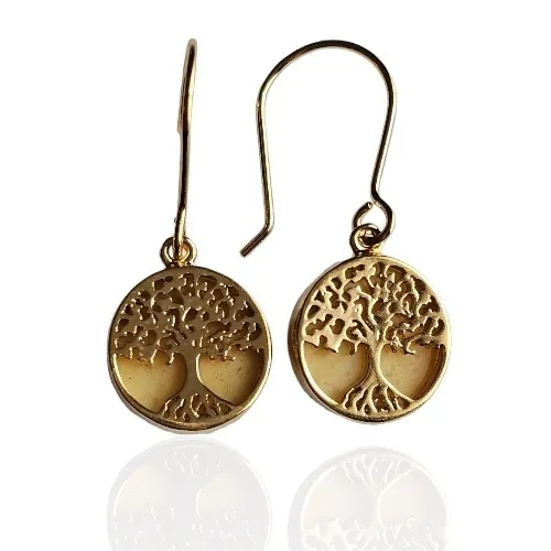 Kolczyki srebrne pozłacane dzrewka szczęscia z żółtym bursztynem