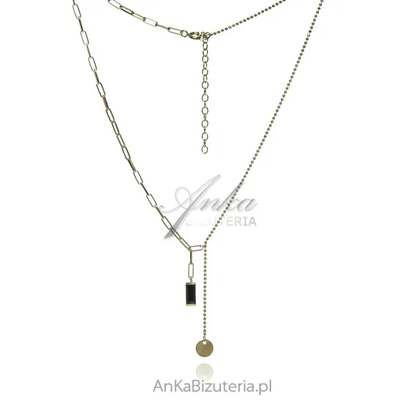 Naszyjnik srebrny pozłacany z czarną cyrkonią - subtelna krawatka